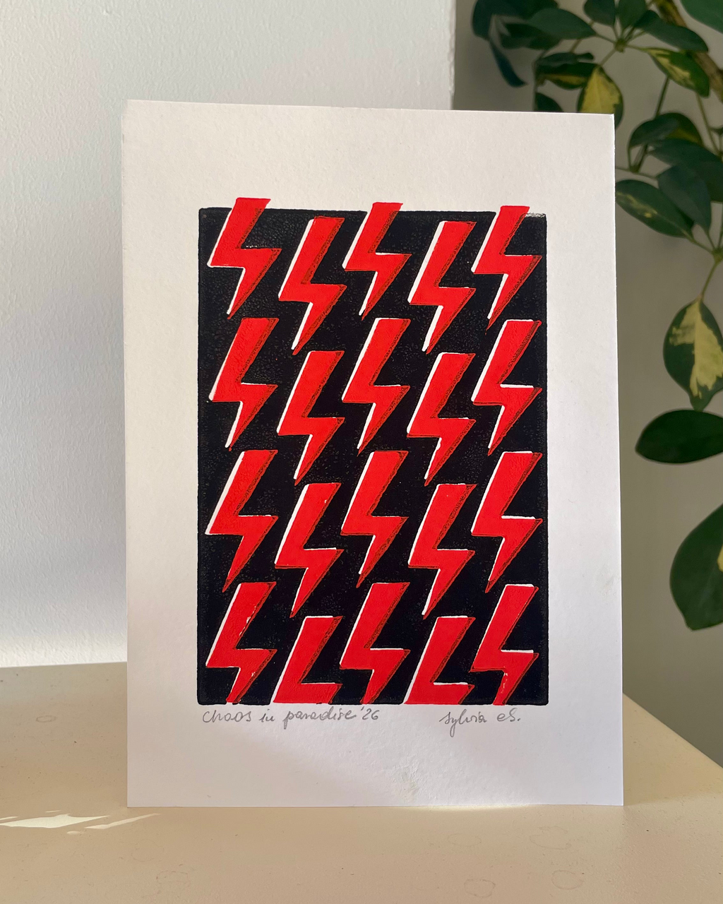 Chaos in paradise – hand-printed linocut