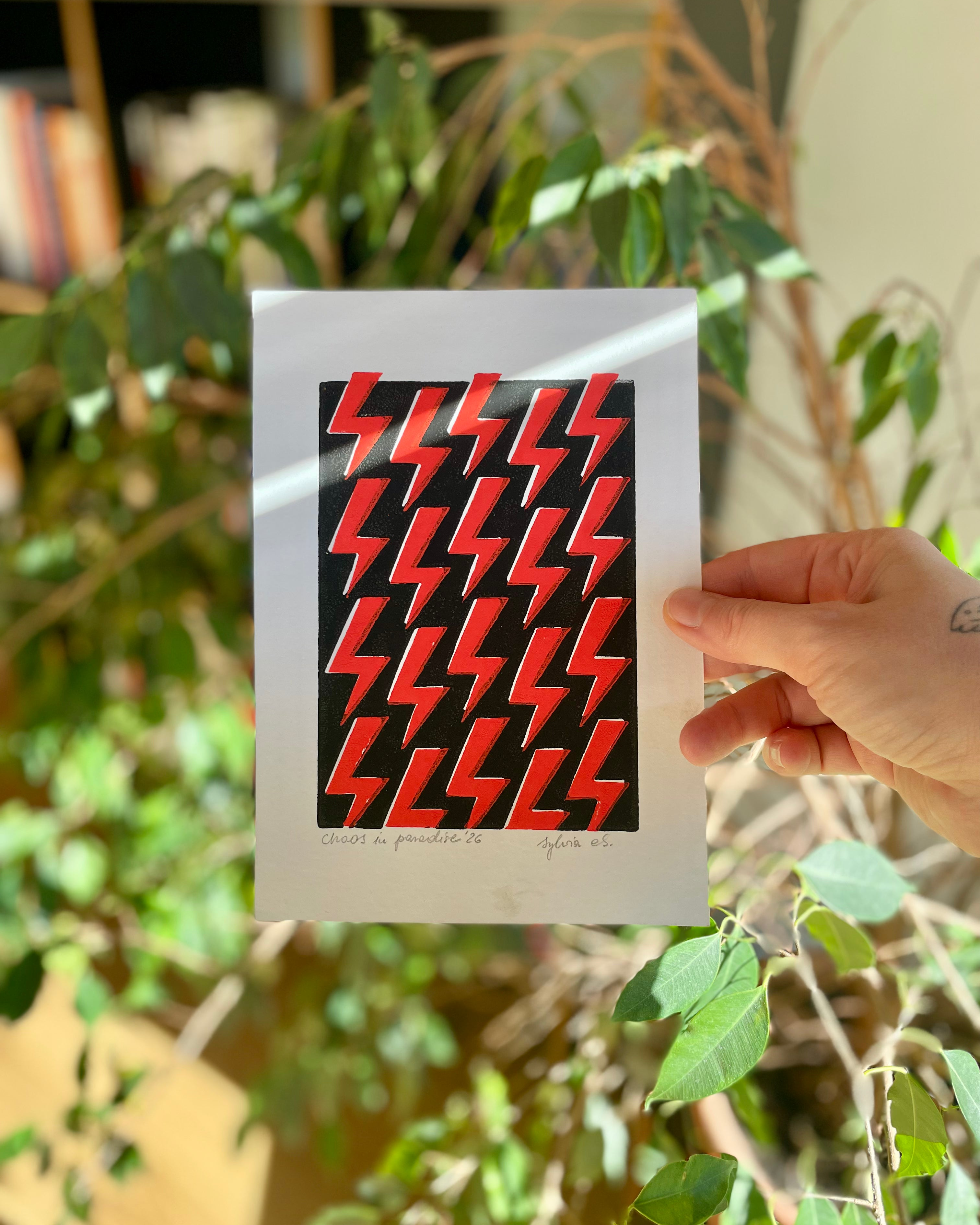 Chaos in paradise – hand-printed linocut