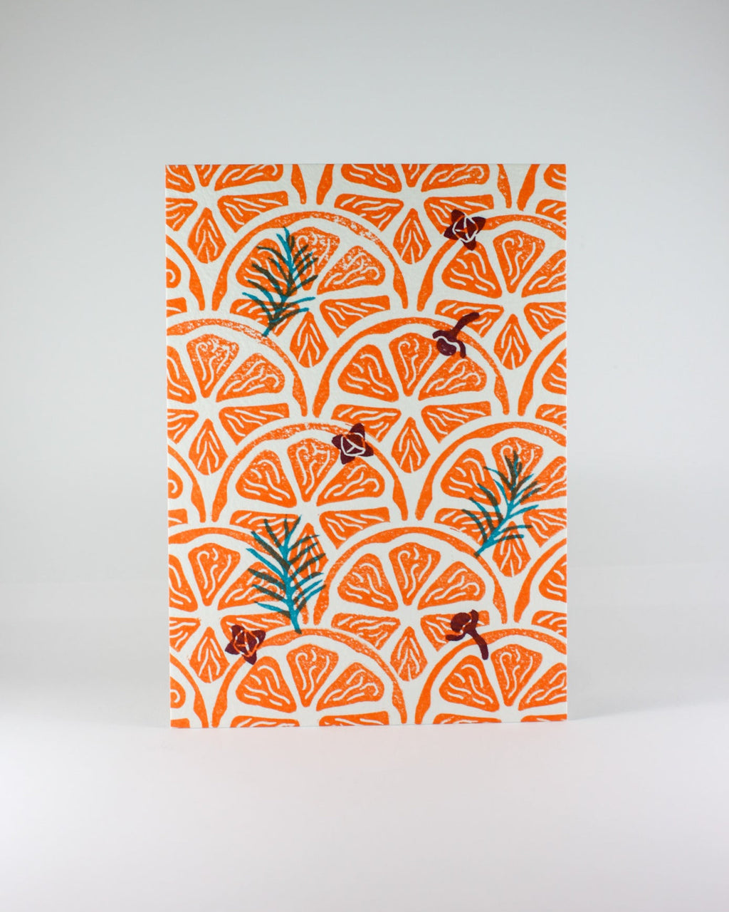 Wintertee mit Orangen Postkarte – handgedruckte Karte mit Orangenmuster